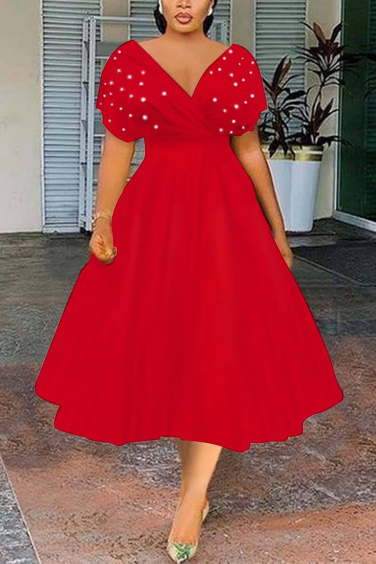 Xpluswear Plus Size Elegant Wedding Guest Red V Neck Pearls A-Line Midi Dresses