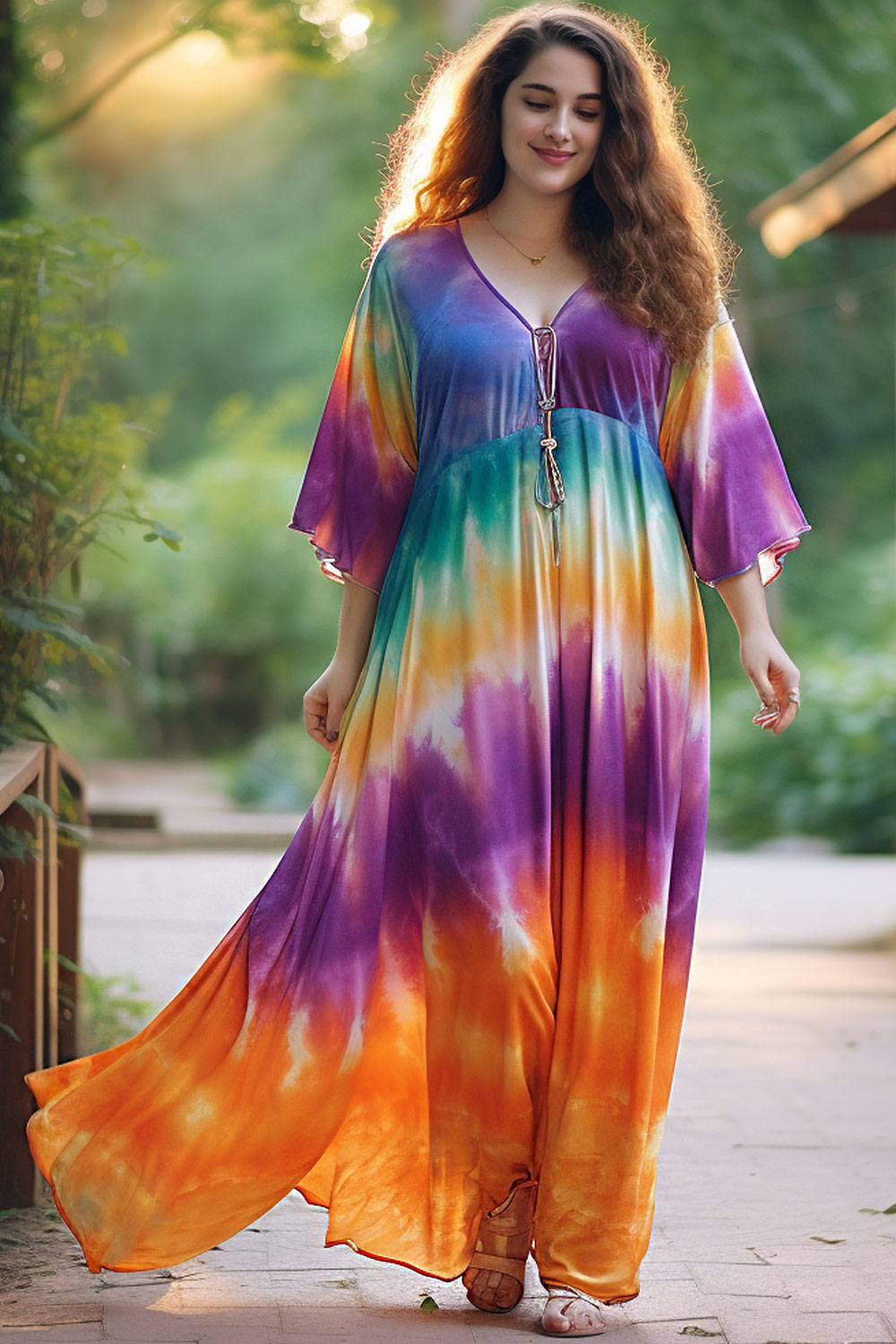 Flycurvy Plus Size Daily Casual Colorful Gradient Tie Dye Lace Up Maxi Dress 2024 - Flycurvy 