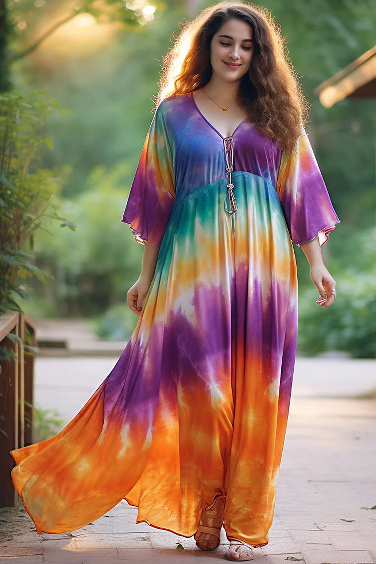 Flycurvy Plus Size Daily Casual Colorful Gradient Tie Dye Lace Up Maxi Dress  Flycurvy [product_label]
