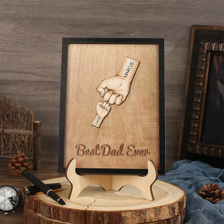 2 Names-Personalized Fist Bump Frame Wooden Ornament Engage Text Home Decoration for Father/Grandpa