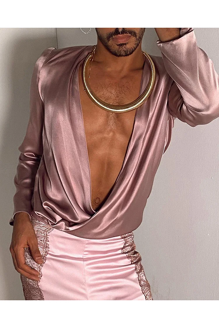 Ciciful Satin Wrap Deep V Neck Slim Fit Pink Shirt