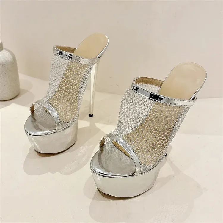 Mesh Fabric Sexy Women Slippers with Platform Peep Toe Nightclub Stiletto High Heels