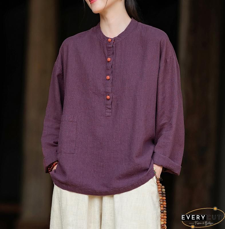 Loose Apricot Chinese Button Patchwork Cotton Shirts Summer