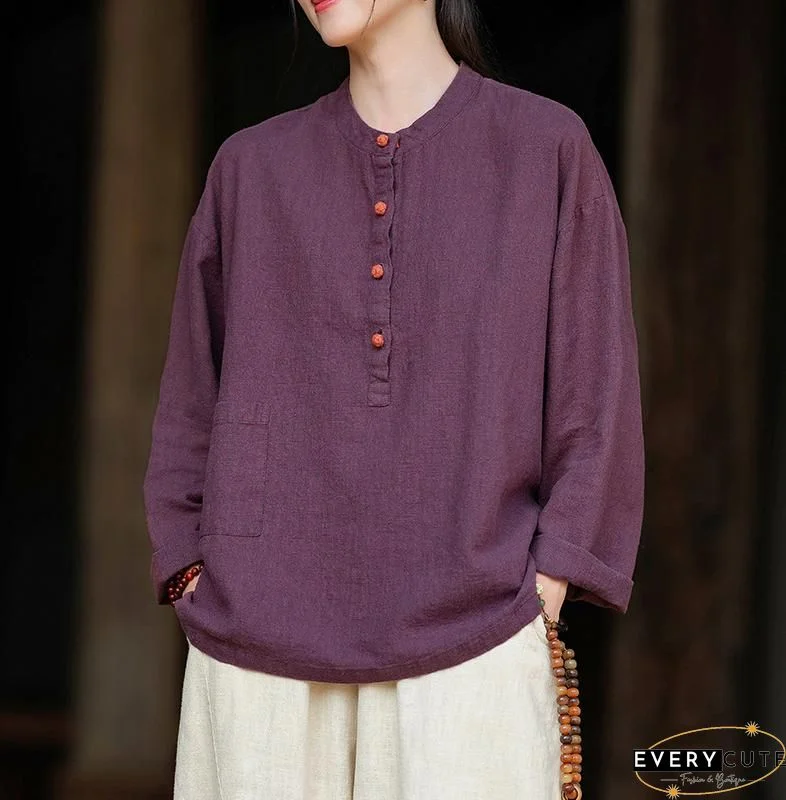 Loose Apricot Chinese Button Patchwork Cotton Shirts Summer