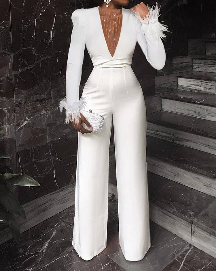 Feather Stitching Solid Color Jumpsuit