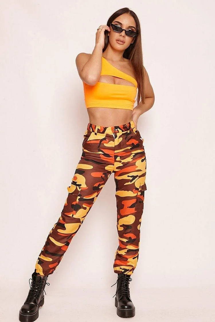 Orange Camo Print Cuffed Trousers Katch Me