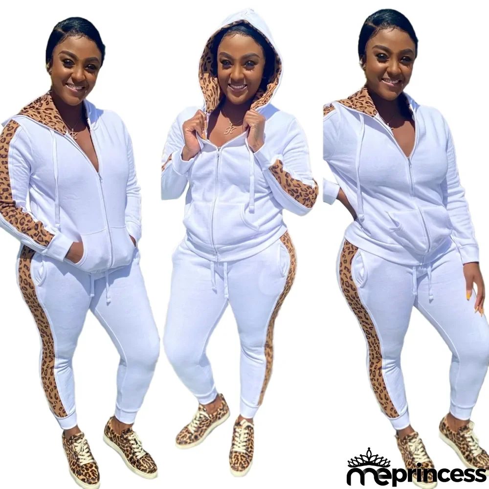 Autumn Leopard Print Pocket Hoodie Tracksuit
