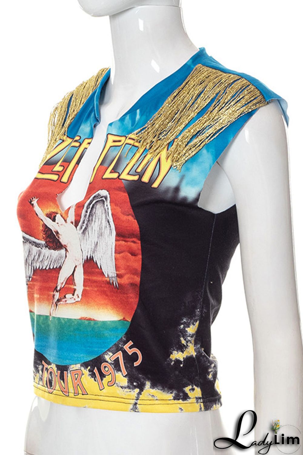 Multicolor Casual Street Print Tassel Patchwork V Neck T-Shirts