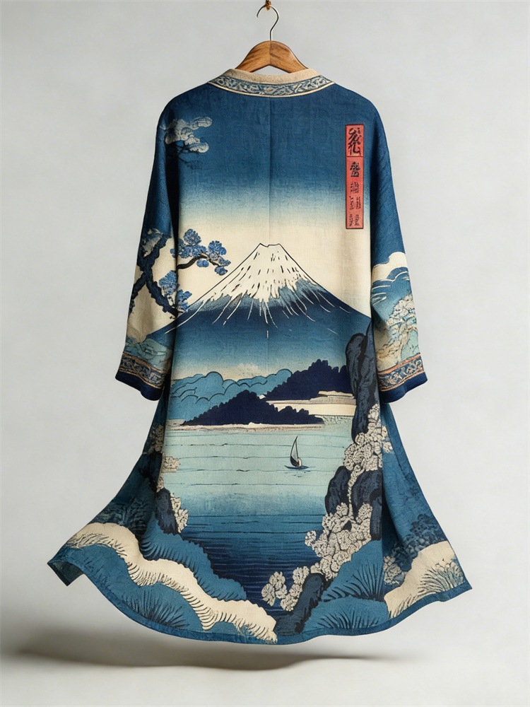 Japanese Mount Fuji Landscape Art Flowy Linen Kimono  artssus