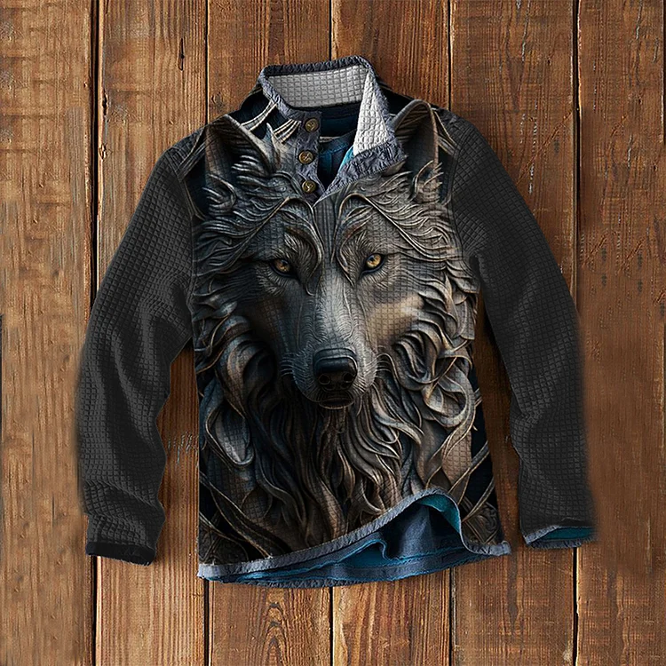Wolf Printed Waffle Collar Sweatshirt