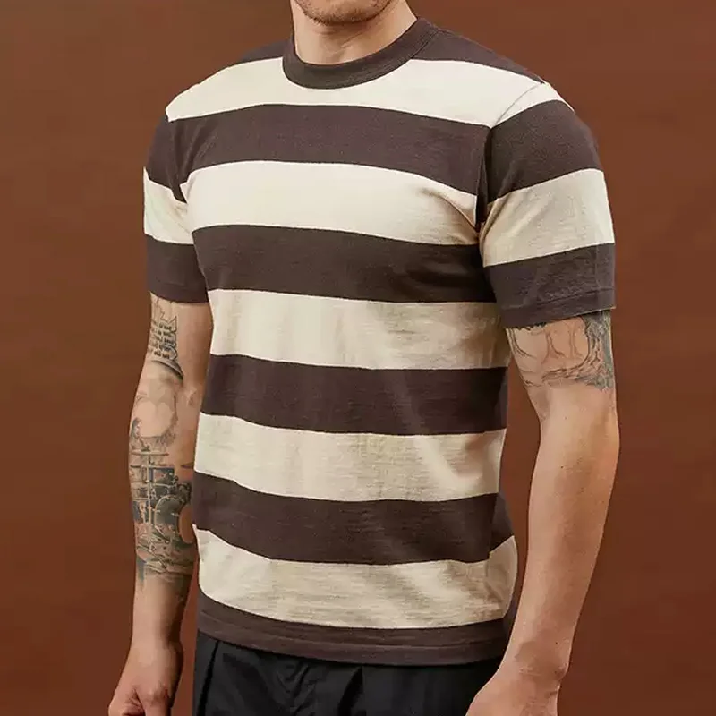 Vintage Cotton Crew Neck Striped Short Sleeve T-Shirt
