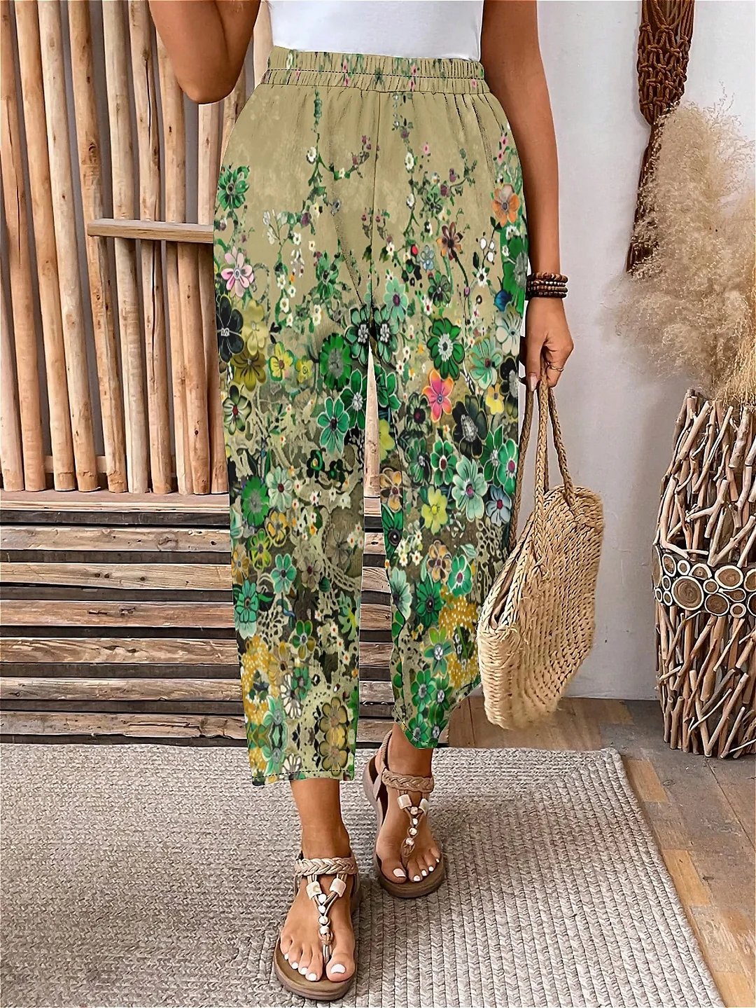 Plus Size Elastic Waist Khaki,Floral,Bohemian Printed Pants