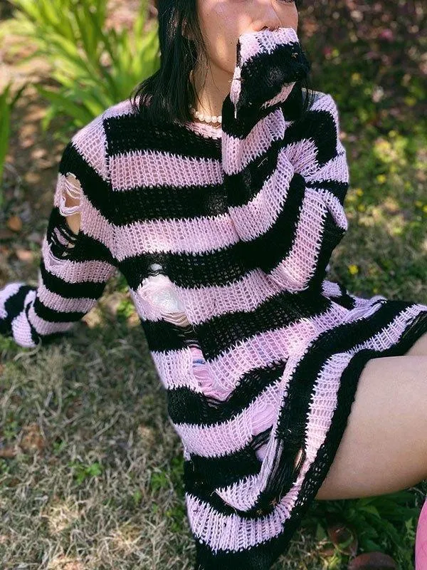 Brownm Distressed Stripe Longline Sweater