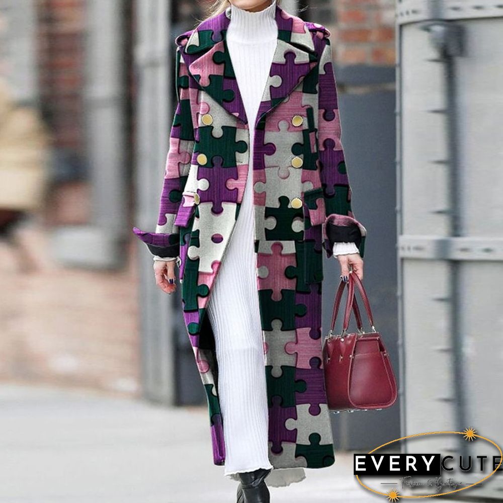 Vintage Pattern Printed Long Coat Women Autumn Casual Long Sleeve Lapel Cardigan Coat Ladies Fashion Loose Pocket Woolen Coats