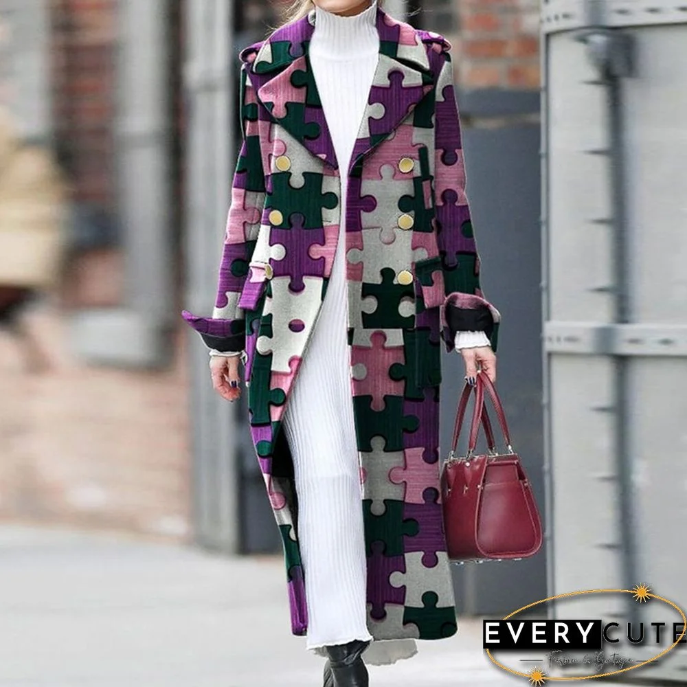 Vintage Pattern Printed Long Coat Women Autumn Casual Long Sleeve Lapel Cardigan Coat Ladies Fashion Loose Pocket Woolen Coats