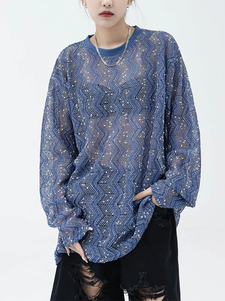Chic Loose O-Neck Solid Color Knitting Hollow Out Long Sleeve T-shirt