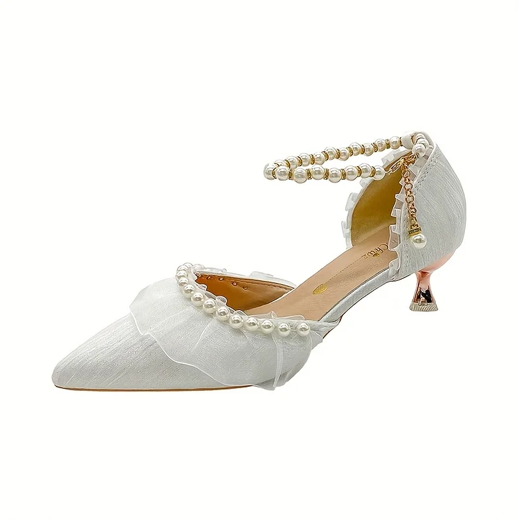 Women's Elegant Low Block Heel Sandals With Pointed Toe & Ruffled Ankle Strap - Breathable Fabric Upper, Golden Buckle Closure, Tpu Sole For Weddings, Parties, Formal Events, Wedding Shoes, Feminine Footwear, Stylish Craftsmanship, Fashionable Footwear