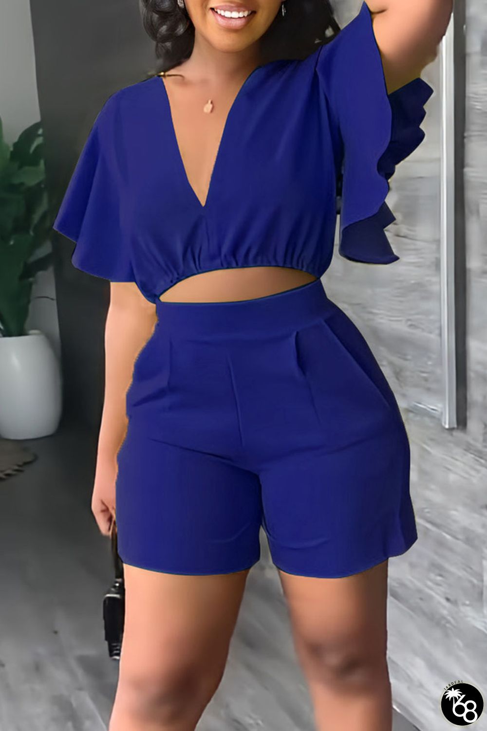 Deep Blue Casual Solid Patchwork Flounce V Neck Short Sleeve Two Pieces | 168DEAL