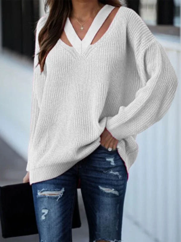 Women's Floral Long Sleeve V-Neck Tops Knit Sweater