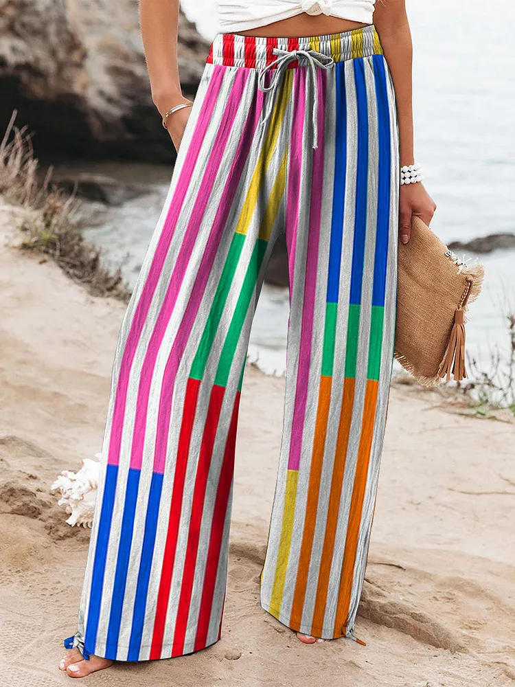 Multicolor Strip Pattern Printed Women's Cotton And Linen Casual Pants