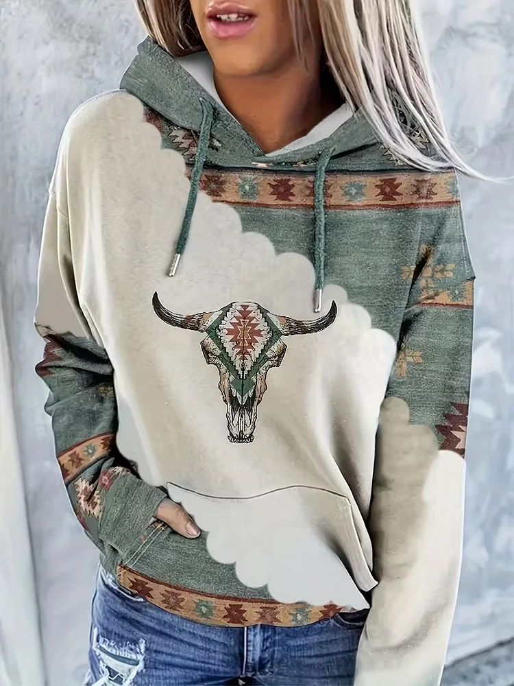 Women's Tribal Bull Head Print Drop Shoulder Hoodie