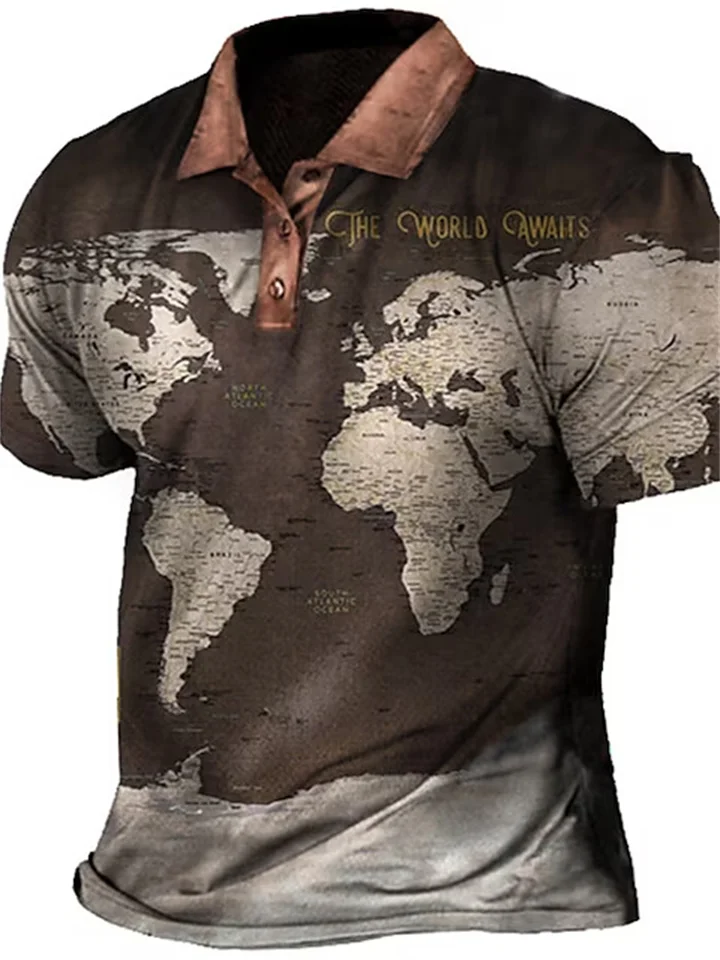 Men's Collar Polo Shirt Golf Shirt Map Turndown Green Blue Brown Black Outdoor Street Short Sleeve Button-Down Clothing Apparel Fashion Casual Breathable Comfortable | 168DEAL