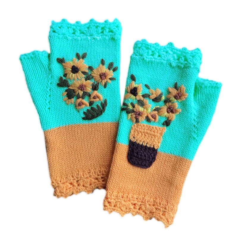 Women Color Block Knitted Fingerless Gloves Daisy Floral Embroidery Arm Warmers Q1QA
