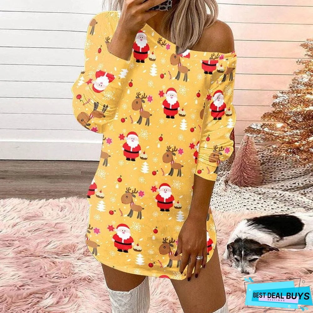 Red Women Casual Merry Christmas Dresses Off-shoulder Dress