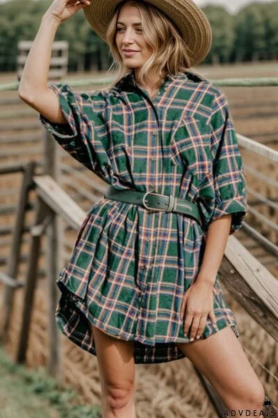 Plaid Button Up Collared Neck Shirt Dress