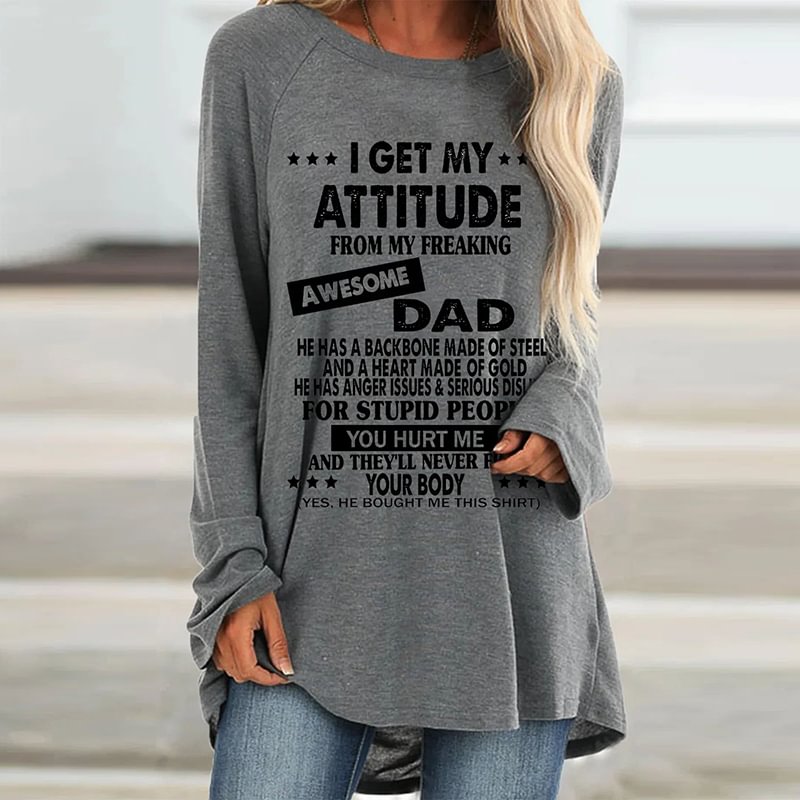 Funny Text Print Round Neck Long-sleeved T-shirt