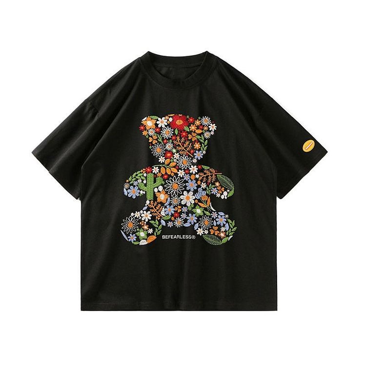 Embroidery Flower Bear Loose T-Shirt - Modakawa Modakawa