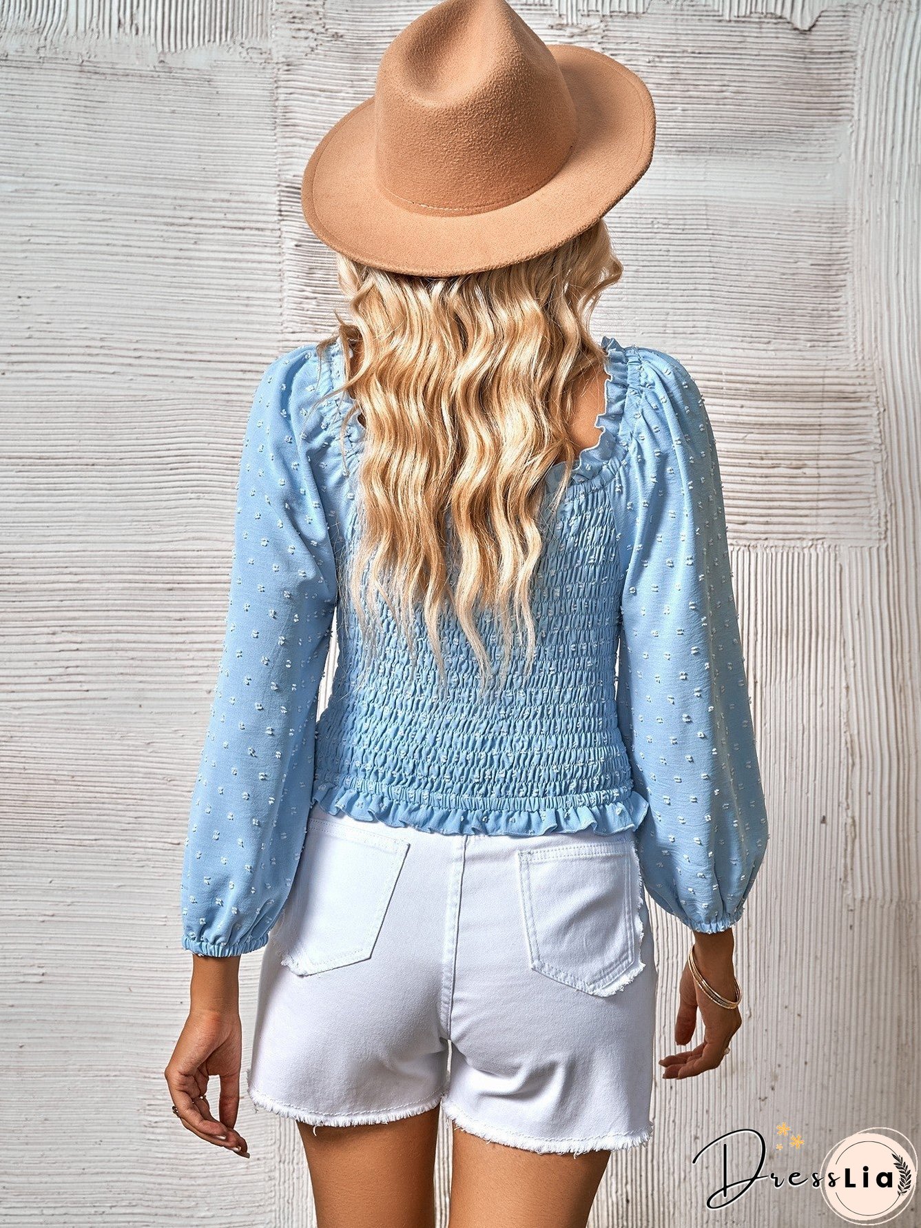 Swiss Dot Smocked Frill Trim Blouse