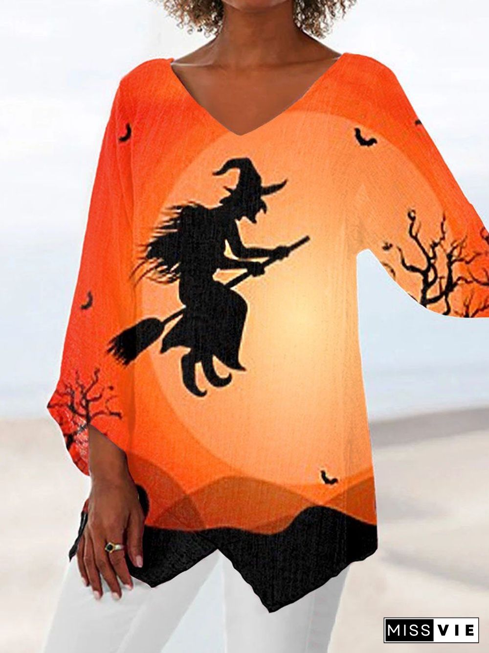 Women Asymmetrical 3/4 Sleeve V-neck Printed Graphic Top Dress