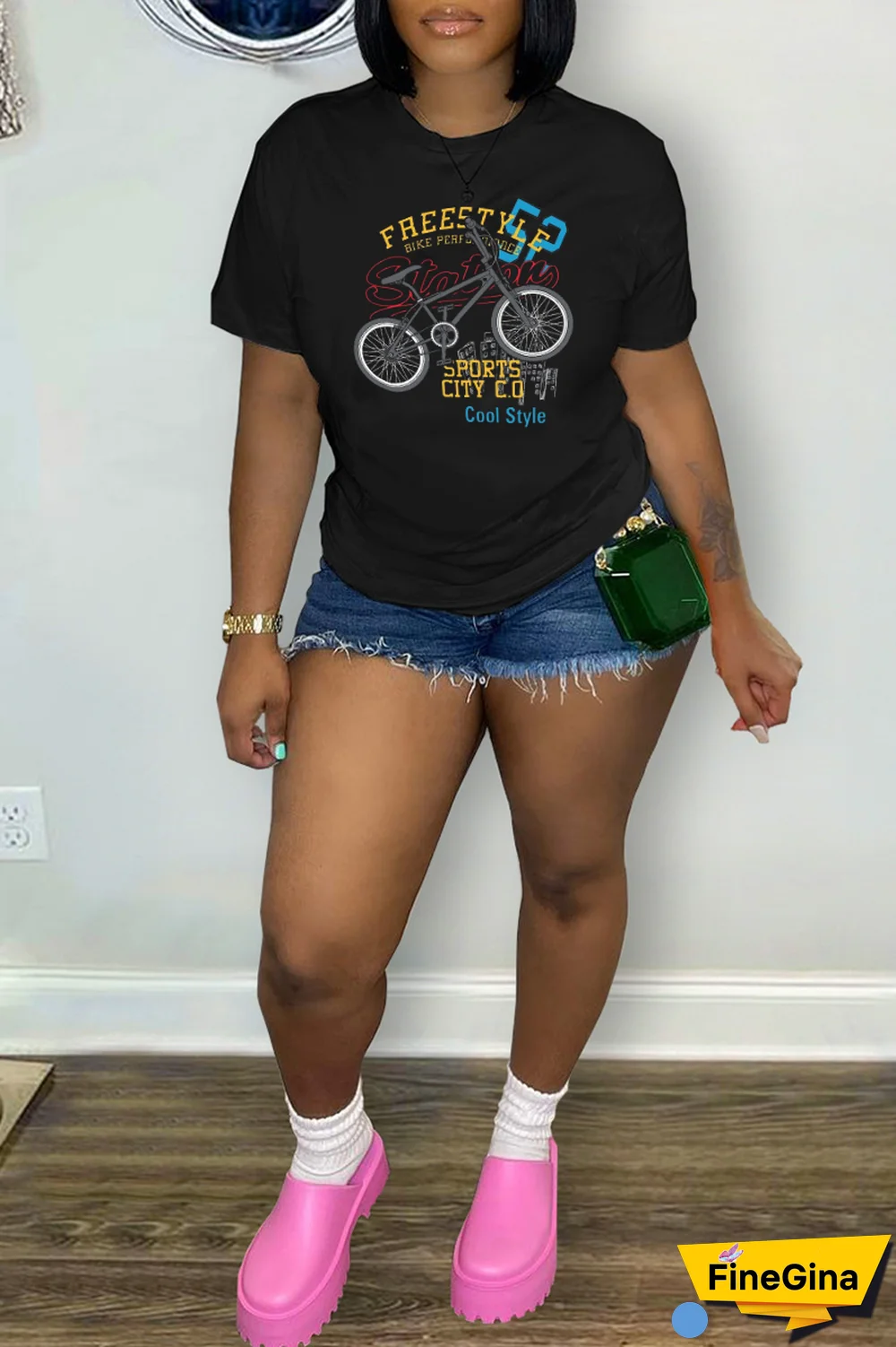 Black Casual Daily Print Patchwork O Neck T-Shirts