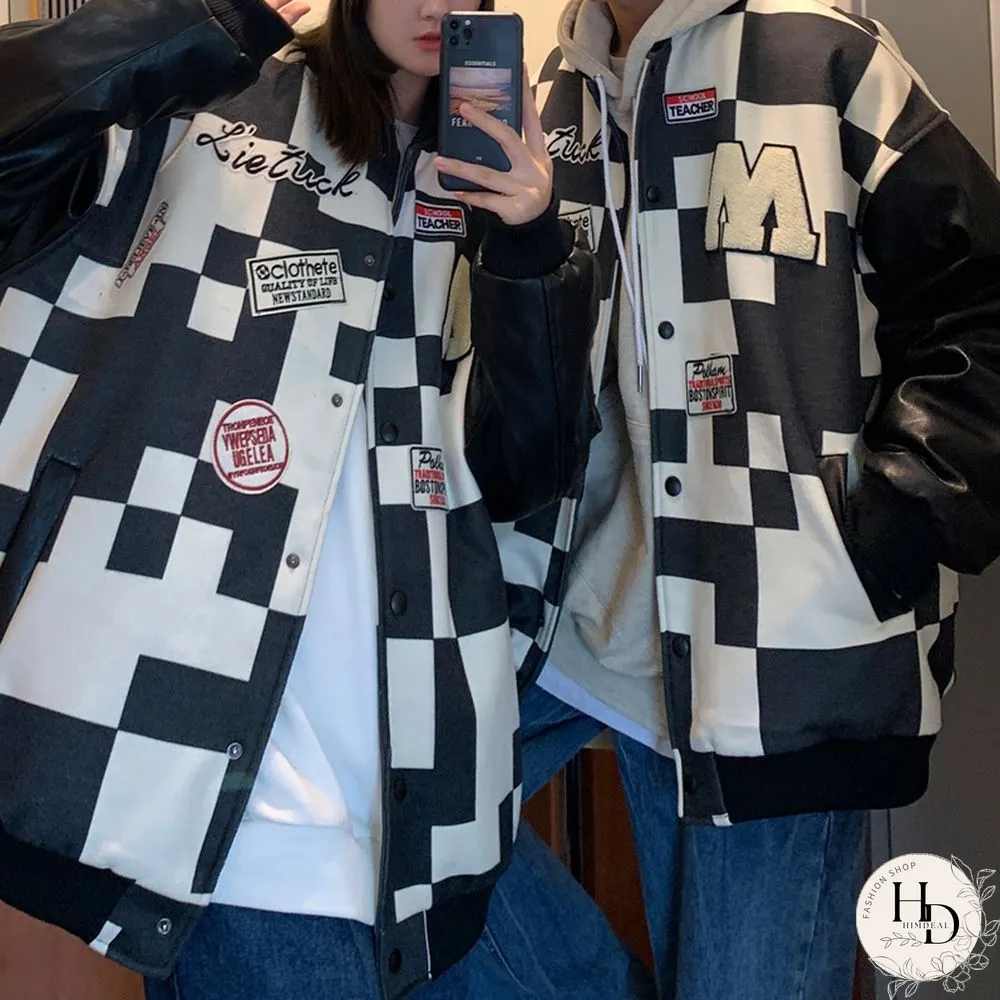 Checkerboard Oversize Couples Baseball Cotton Jacket