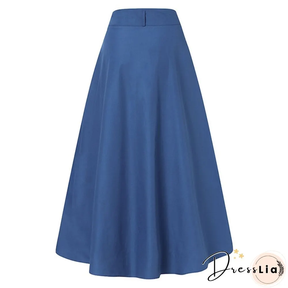 Women Fashion Solid Color Buttons Denim Long Skirts Vintage Long Dresses