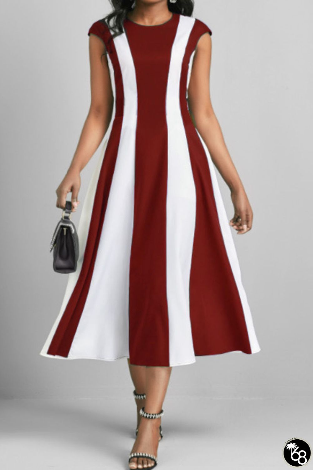 Deep Red Casual Striped Print Patchwork O Neck A Line Dresses | 168DEAL