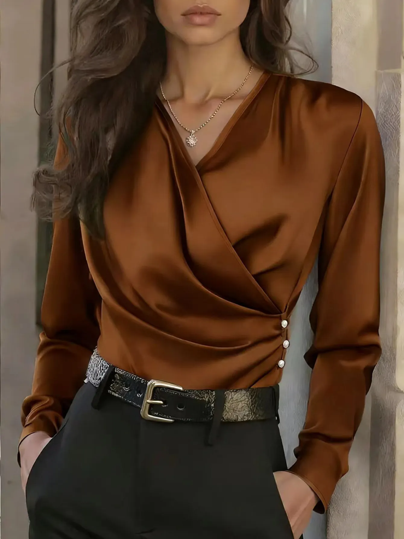 Wrap V Neck Ruched Side Pearl Button Slim Fit Satin Long Sleeve Commuter Blouse