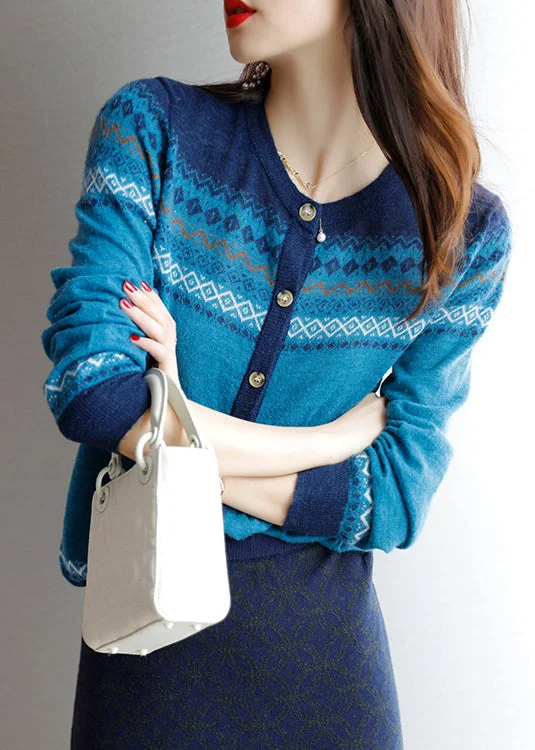 Classy Blue O Neck Print Button Woolen Knitted Cardigan Fall