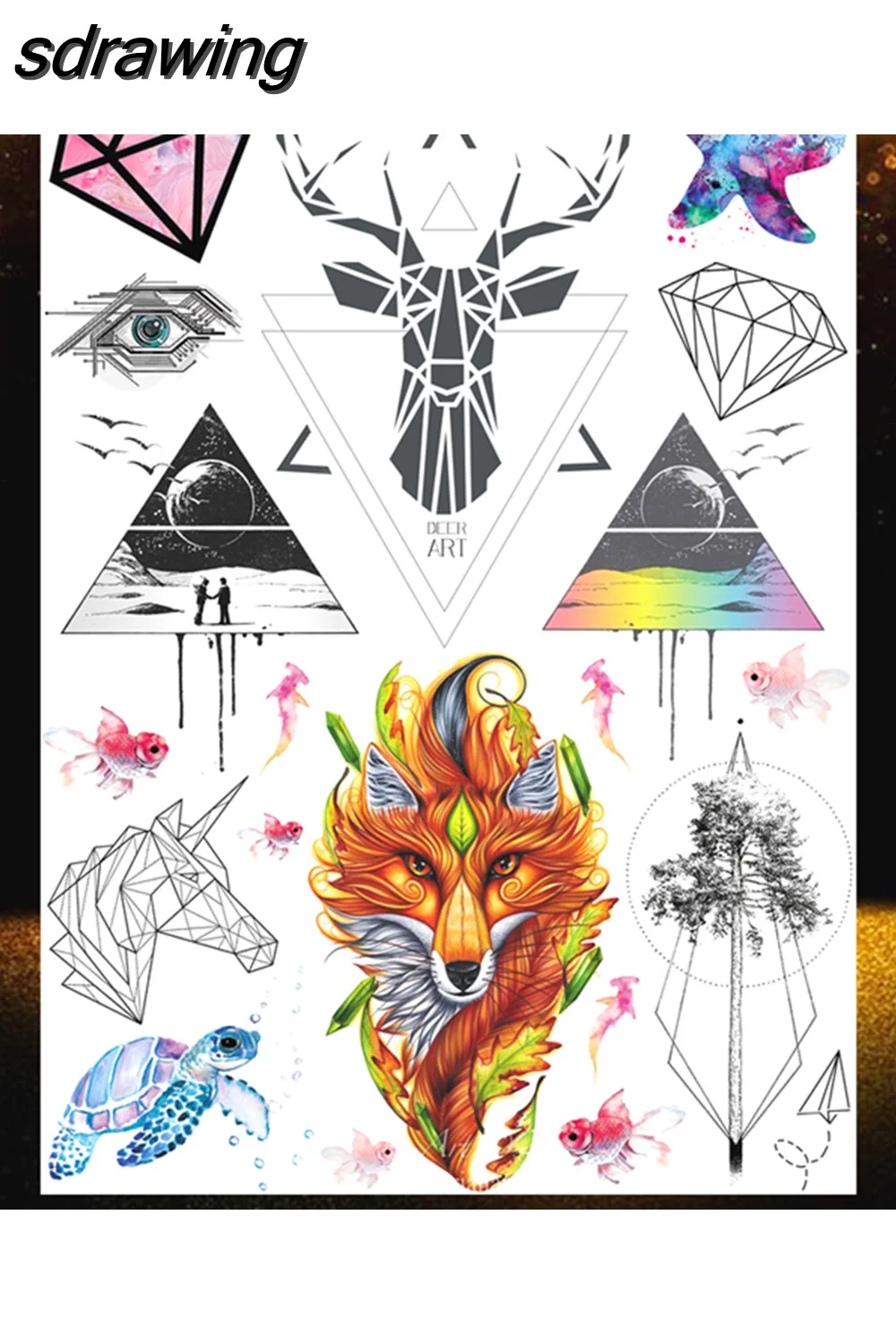 sdrawing Wolf Forest Temporary Tattoos For Children Tiger Geometric Fake Tatoos Mountain Triangle Elk Tatoo Sticker Body Art