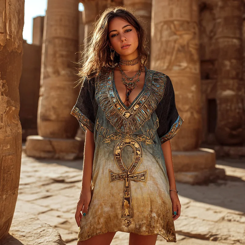 Women's Egyptian Ankh Gradient Art Casual V Neck Linen Dress
