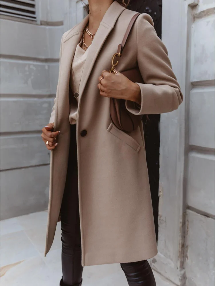 Fashion Lapel Knee Length Woolen Outerwear Jacket Coat