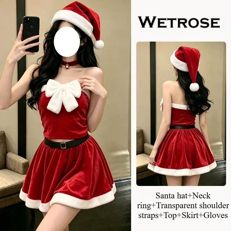 [Wetrose]In Stock Christmas Santa Strapless Bow Velvet Outfit Holiday Party Fancy Dress Cosplay Costume Xmas 