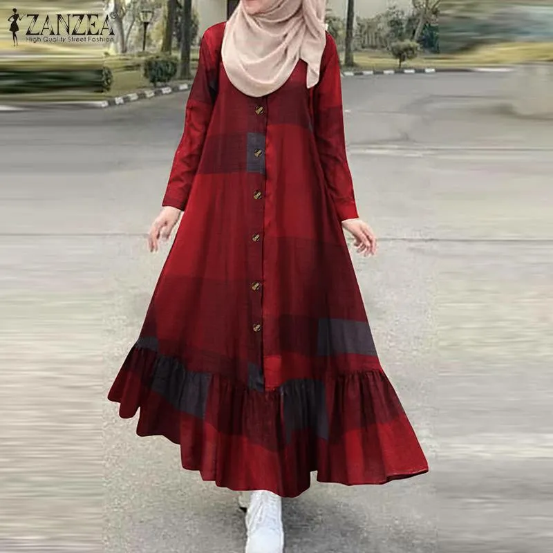 Vintage Check Muslim Dress Women's Autumn Sundress 2022 ZANZEA Casual Long Sleeve Ruffle Vestidos Female Button Printed Robe