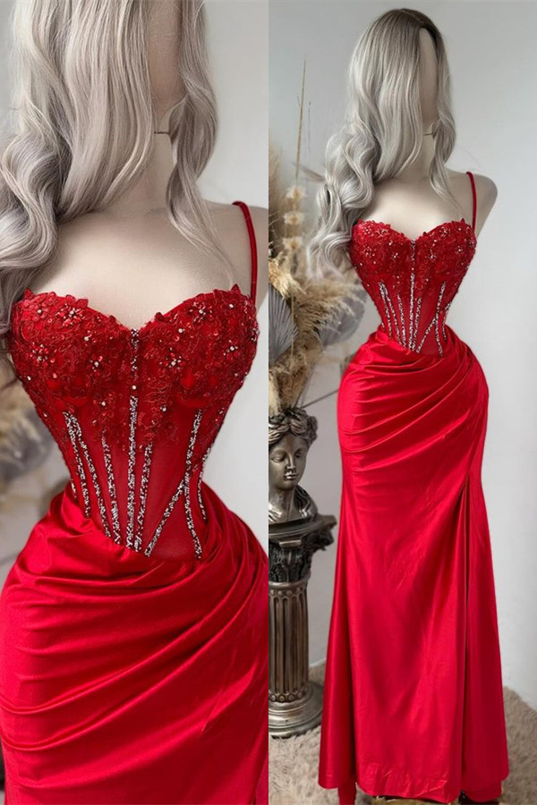 Bellasprom Red Sweetheart Spaghetti-Straps Sleeveless Mermaid Prom Dress With Split Appliques Bellasprom