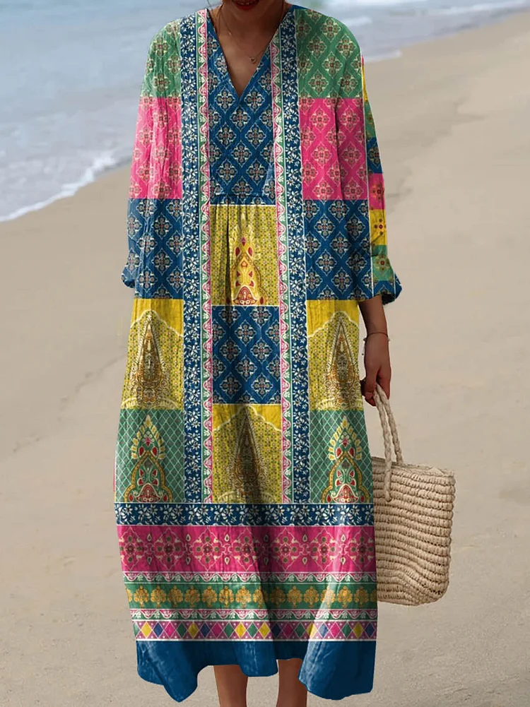 Women's Vintage Geometric Floral Pattern Art Print Cotton Dress