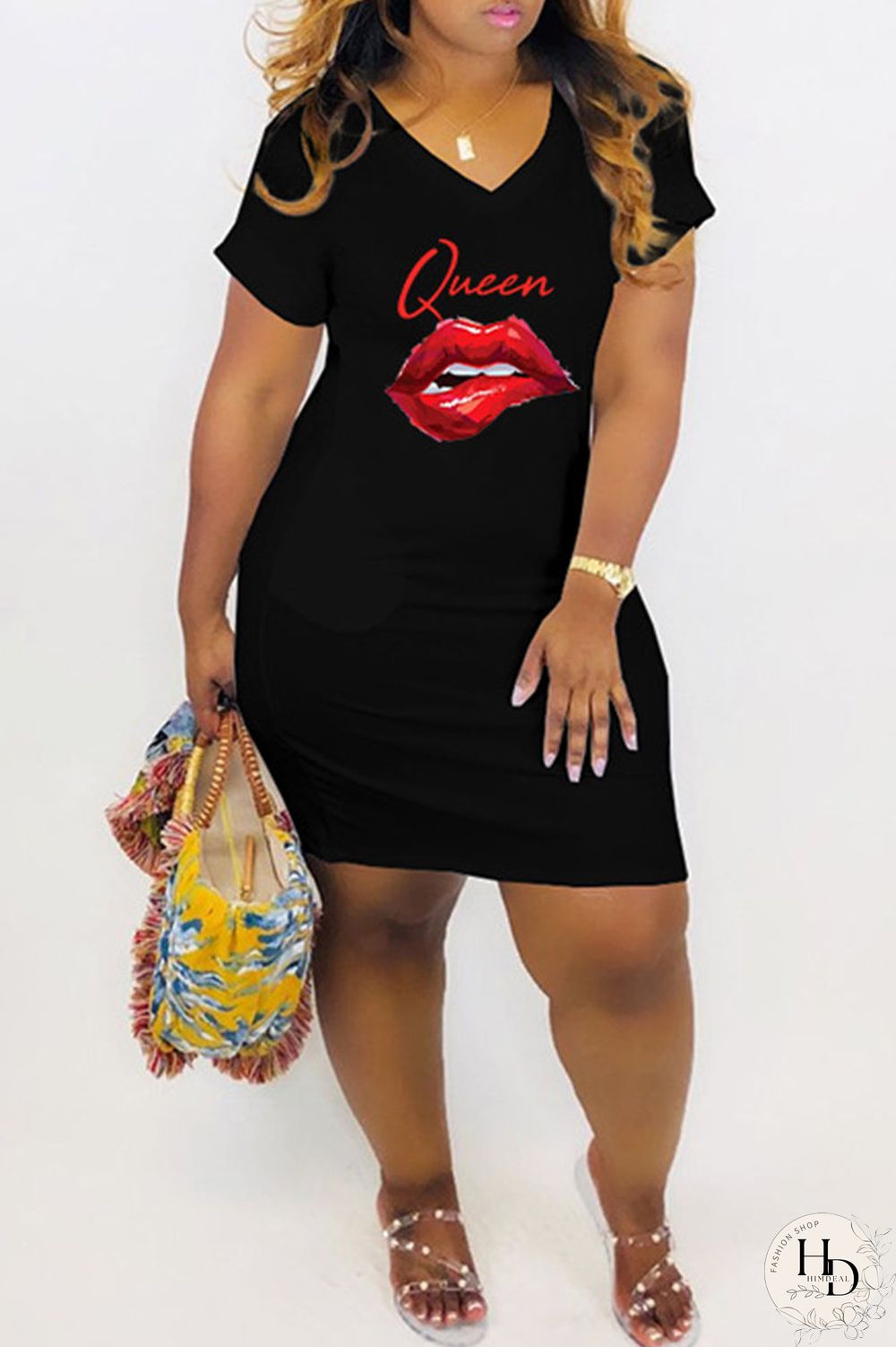 Red Casual Print Split Joint O Neck Straight Dresses