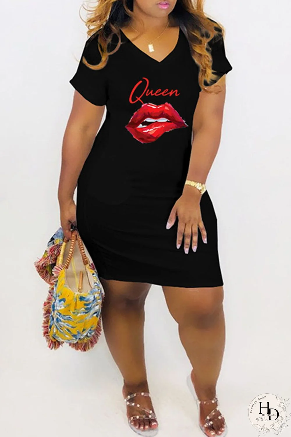 Red Casual Print Split Joint O Neck Straight Dresses