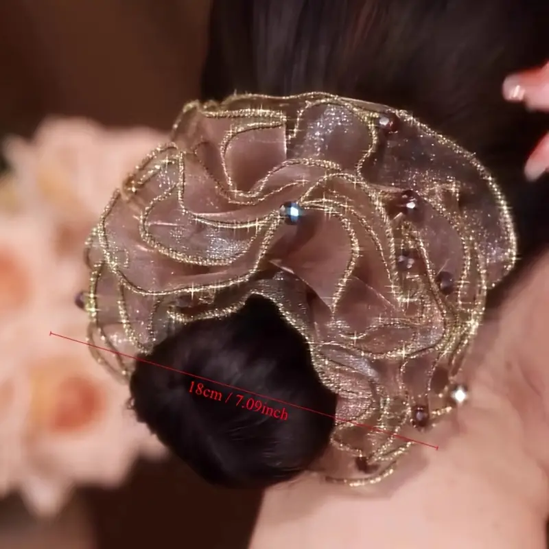 elegant beads decorative mesh flower hair loop elastic hair rope vintage hair styling accessories for women and daily use details 4