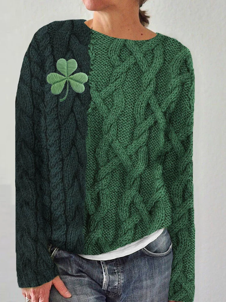 Shamrock Embroidered Jacquard Cozy Knit Sweater
